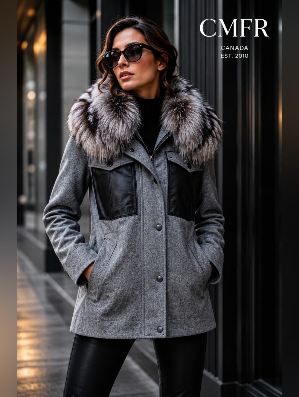 CMFR Rowanwood Wool Car Coat Silver Fox Fur Leather – Size M